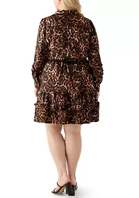 Plus Sized Long Sleeve Ruffle Shirt Dress with Satin Twill