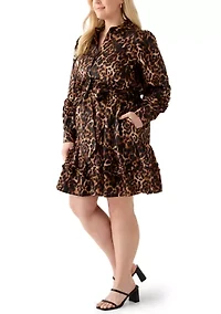 Plus Sized Long Sleeve Ruffle Shirt Dress with Satin Twill
