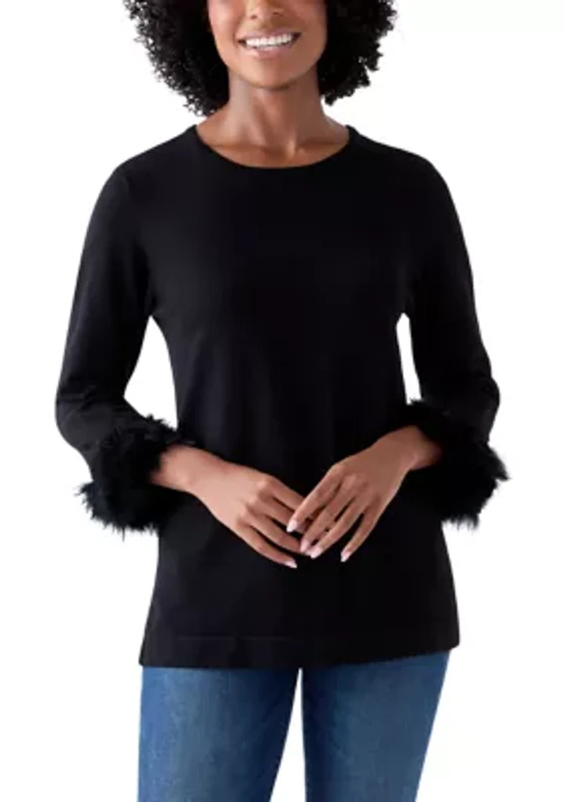 Petite Long Sleeve Crew Neck Blouse with Feather Trim