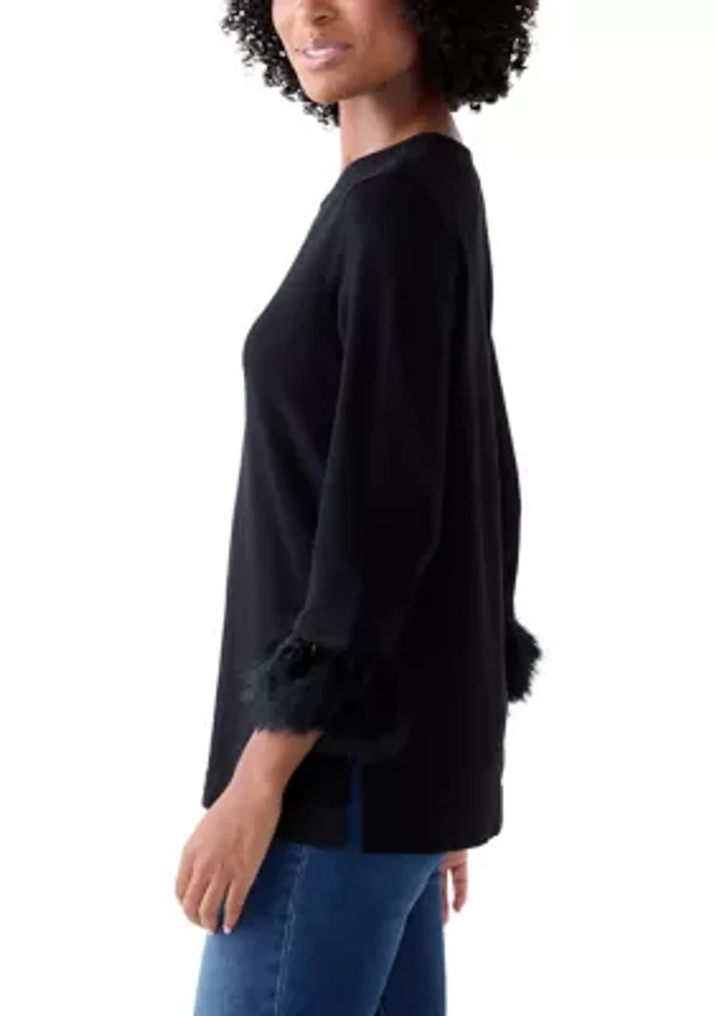 Petite Long Sleeve Crew Neck Blouse with Feather Trim
