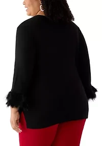 Plus Long Sleeve Crew Neck with Feather Trim