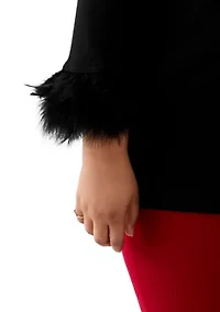 Plus Long Sleeve Crew Neck with Feather Trim