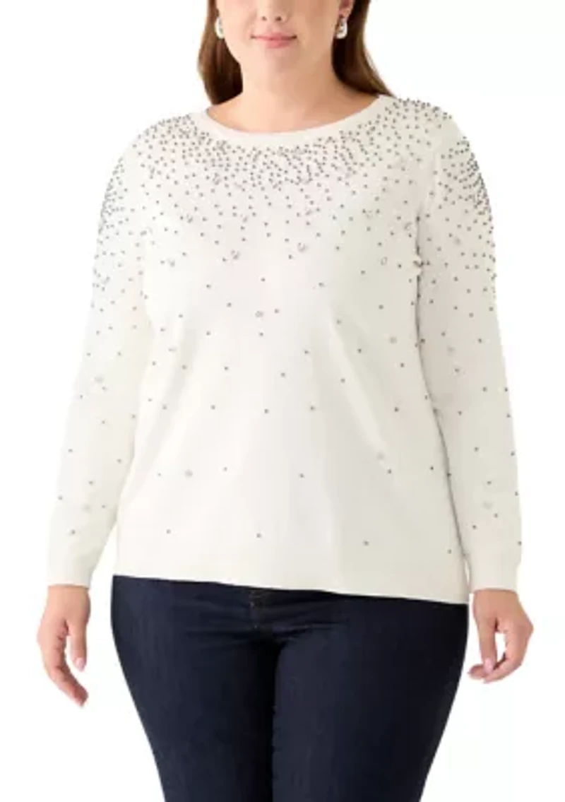 Plus White Dove Rhinestone Boatneck Sweater