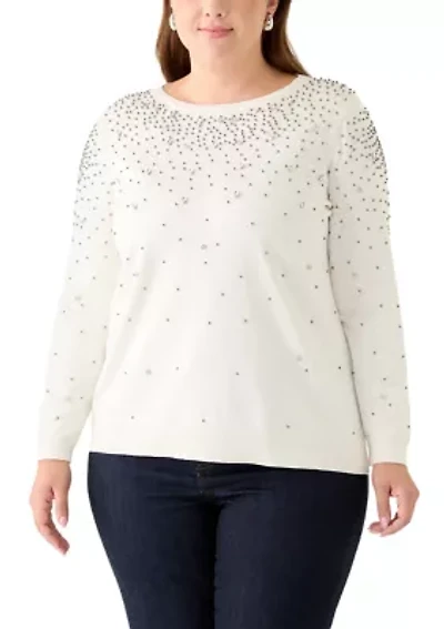 Plus White Dove Rhinestone Boatneck Sweater