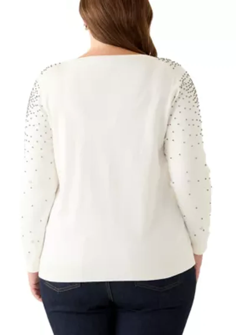 Plus White Dove Rhinestone Boatneck Sweater