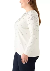 Plus White Dove Rhinestone Boatneck Sweater