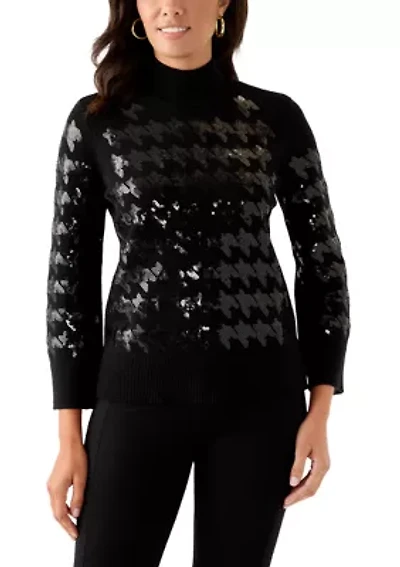 Women's Sequin Houndstooth Mock Neck Sweater