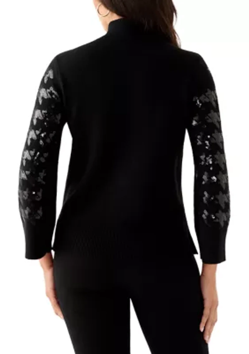 Women's Sequin Houndstooth Mock Neck Sweater