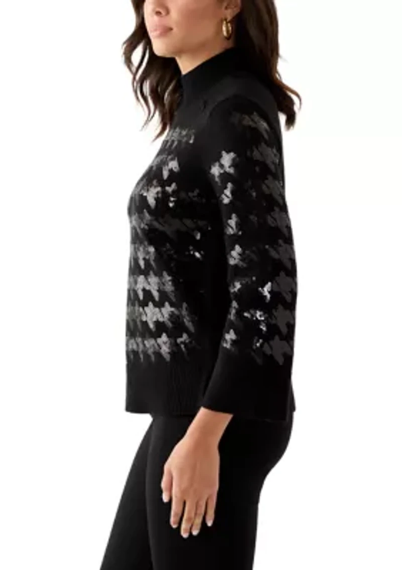 Petite Sequin Houndstooth Mock Neck Sweater