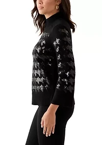 Petite Sequin Houndstooth Mock Neck Sweater