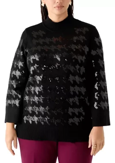 Women's Sequin Houndstooth Mock Neck Sweater