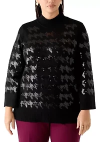 Women's Sequin Houndstooth Mock Neck Sweater