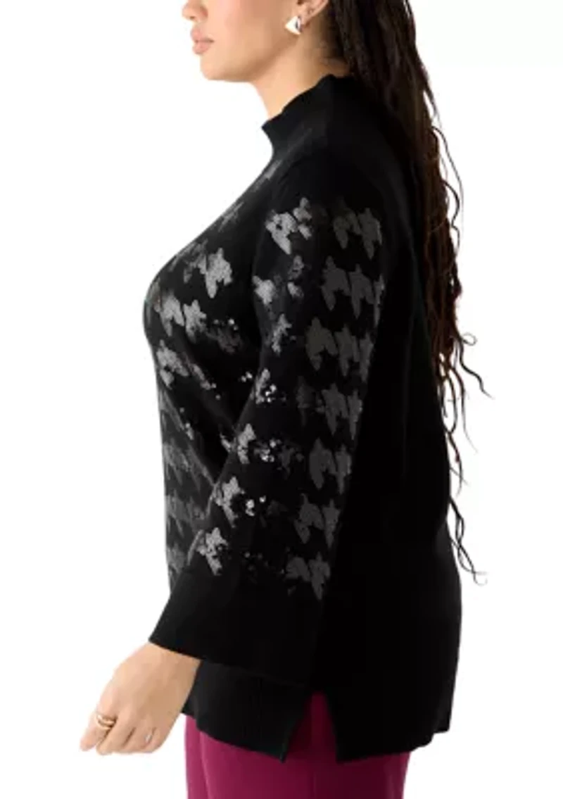 Women's Sequin Houndstooth Mock Neck Sweater