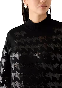 Women's Sequin Houndstooth Mock Neck Sweater