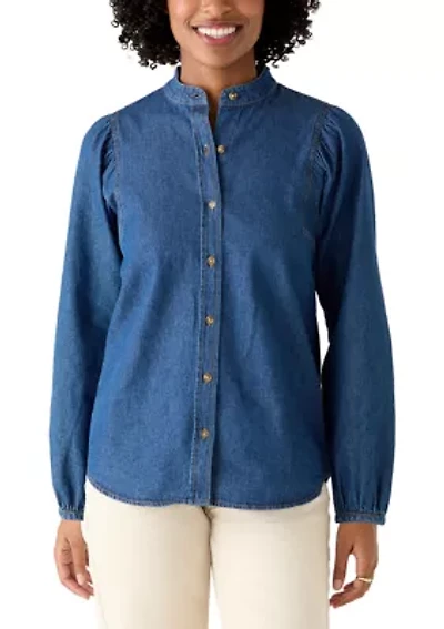 Women's Long Sleeve Button Up Shirt with Gathering