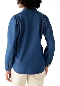 Women's Long Sleeve Button Up Shirt with Gathering