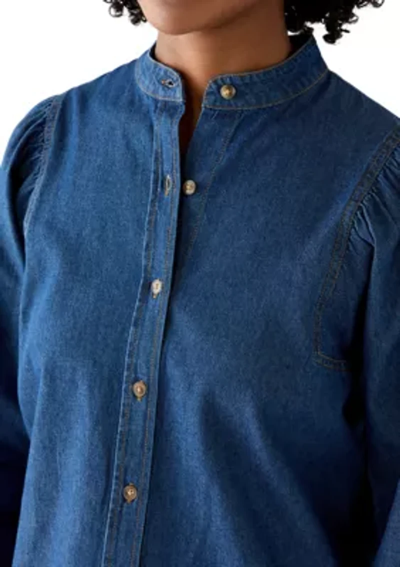 Women's Long Sleeve Button Up Shirt with Gathering