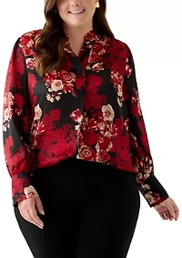 Plus Long Sleeve V-Neck Pleated Front Blouse