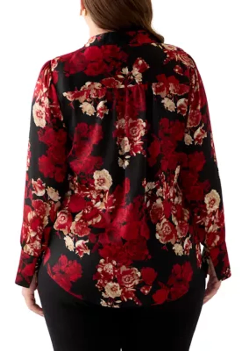 Plus Long Sleeve V-Neck Pleated Front Blouse