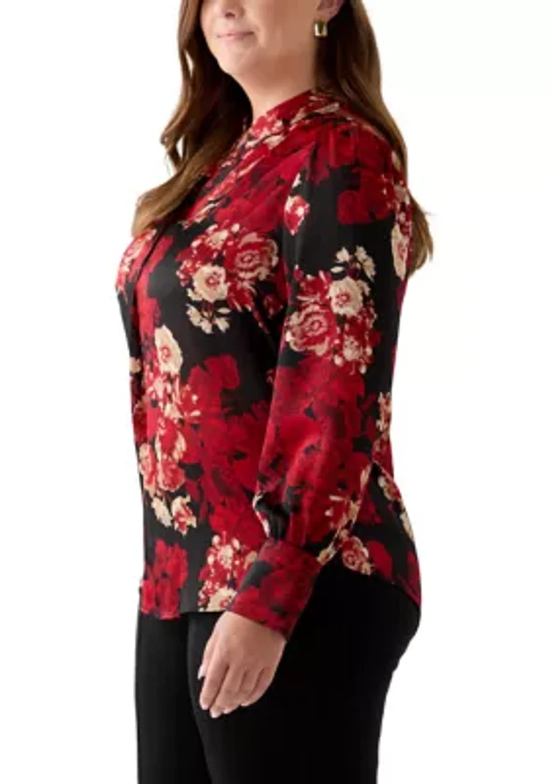 Plus Long Sleeve V-Neck Pleated Front Blouse