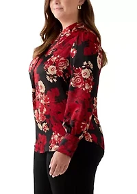 Plus Long Sleeve V-Neck Pleated Front Blouse