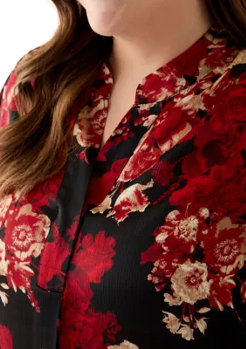 Plus Long Sleeve V-Neck Pleated Front Blouse