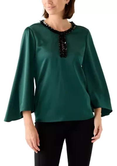 Women's Slit Front Flutter Sleeve Blouse