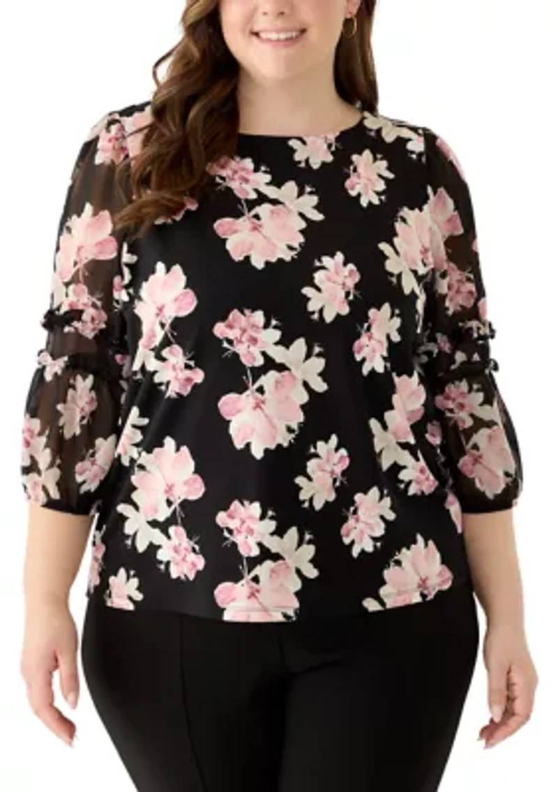 Plus Puff Sleeve Print Blouse