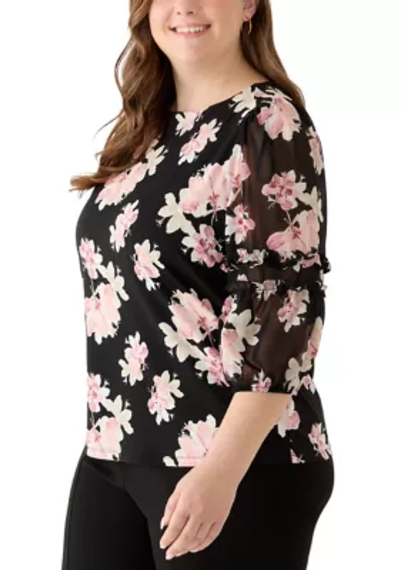 Plus Puff Sleeve Print Blouse