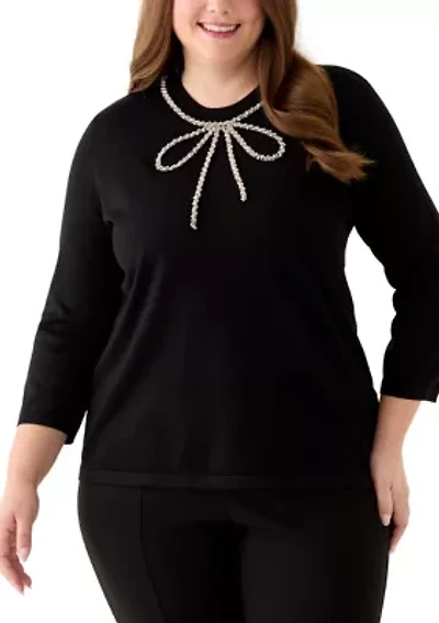 Plus Glitz Bow 3/4 Sleeve Pullover Sweater
