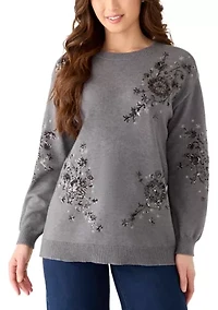 Petite Three-Quarter Sleeve Sequin Floral Sweater