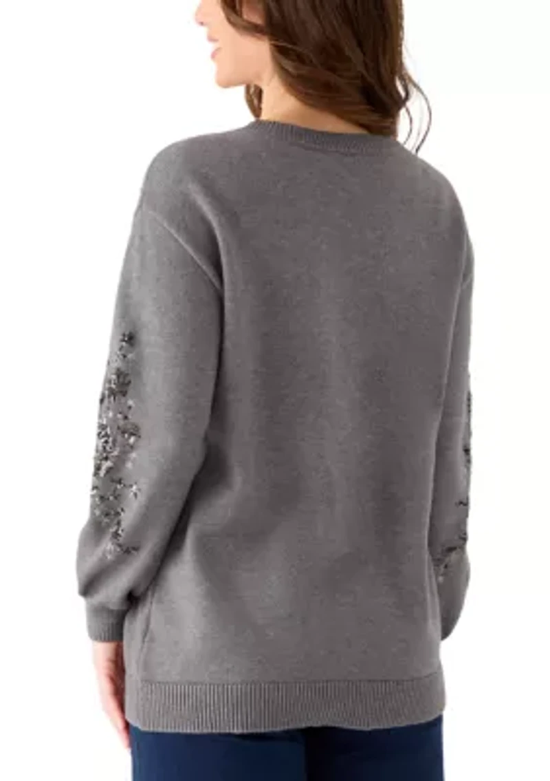 Petite Three-Quarter Sleeve Sequin Floral Sweater