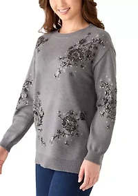 Petite Three-Quarter Sleeve Sequin Floral Sweater