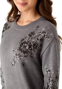 Petite Three-Quarter Sleeve Sequin Floral Sweater