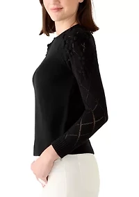 Women's Pointelle Floral Pullover Sweater