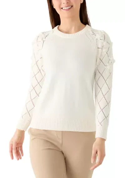 Petite Long Sleeve Pointelle Floral Sweater