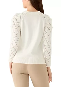 Petite Long Sleeve Pointelle Floral Sweater