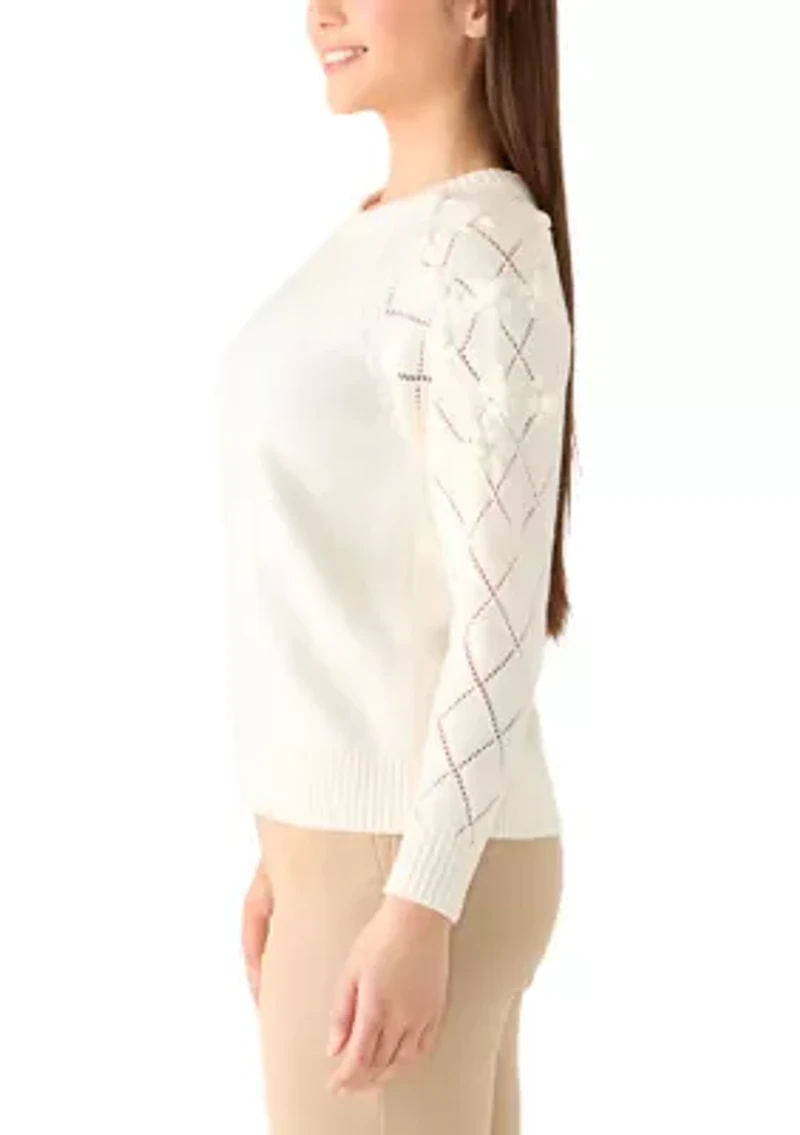 Petite Long Sleeve Pointelle Floral Sweater