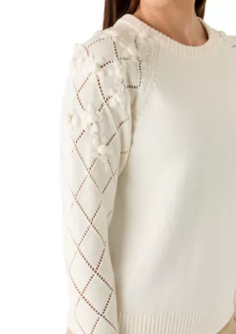 Petite Long Sleeve Pointelle Floral Sweater