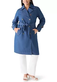 Plus Chambray Double Breasted Belted Trench Coat