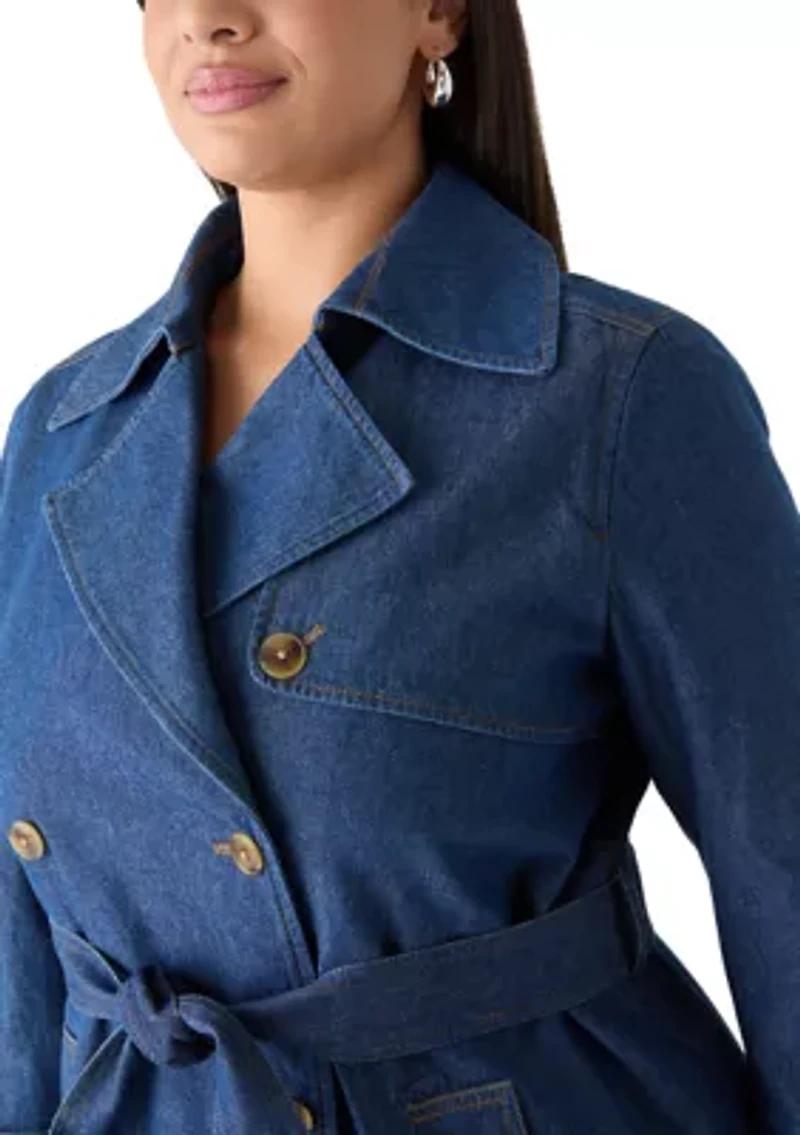Plus Chambray Double Breasted Belted Trench Coat