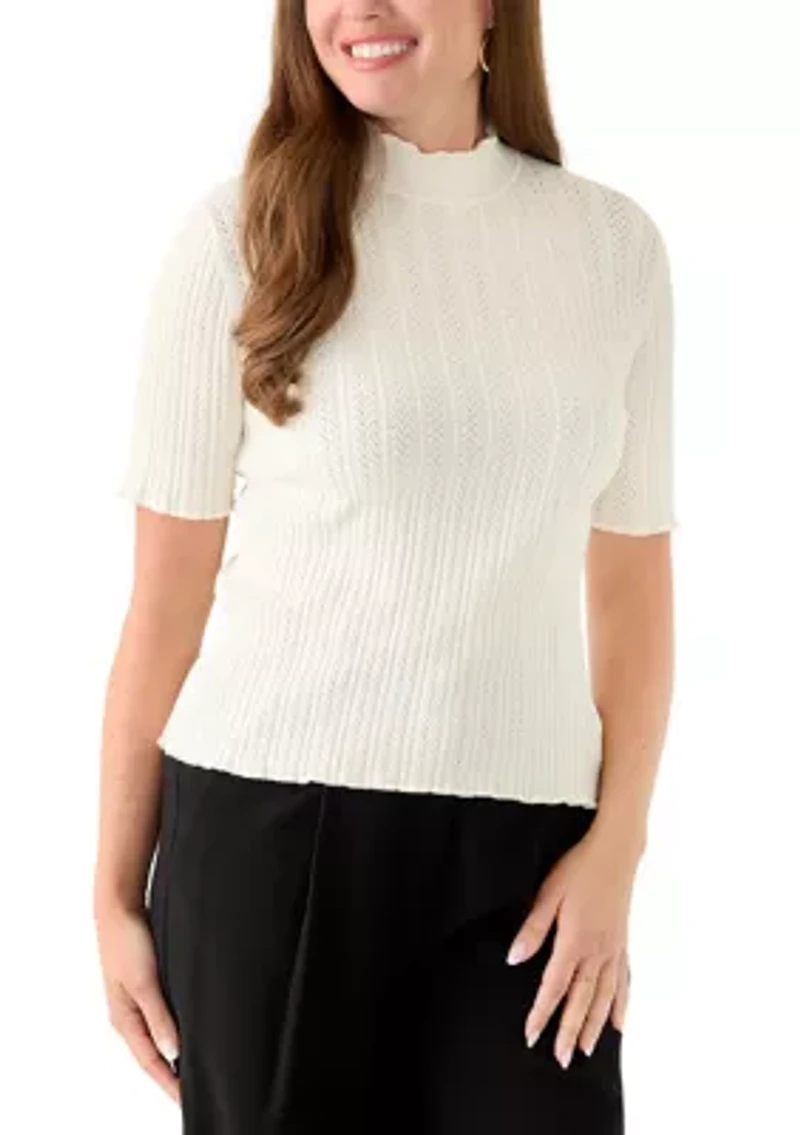 Petite Creamy White Elbow Sleeve Stitch Mock Neck Sweater
