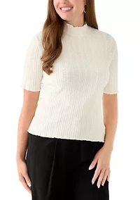 Petite Creamy White Elbow Sleeve Stitch Mock Neck Sweater