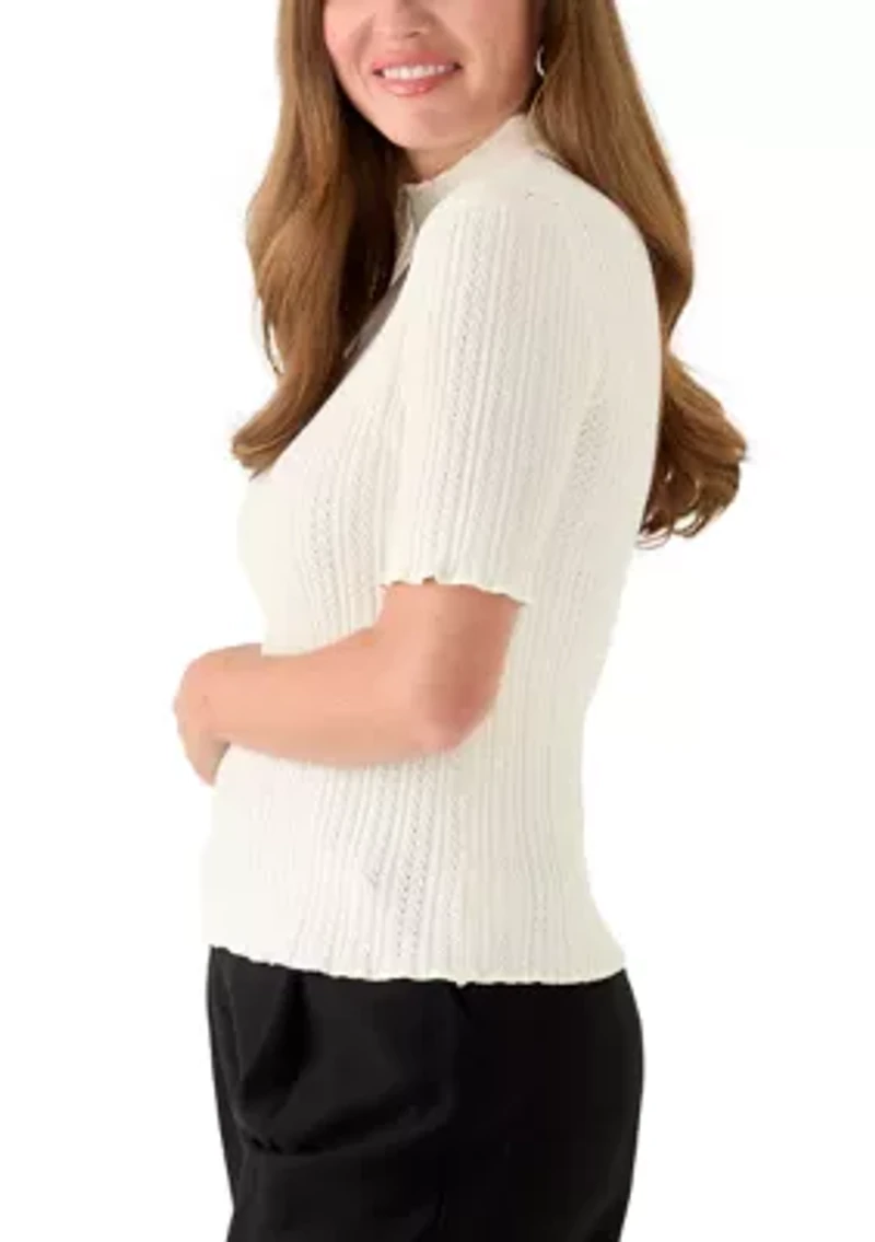 Petite Creamy White Elbow Sleeve Stitch Mock Neck Sweater
