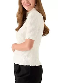 Petite Creamy White Elbow Sleeve Stitch Mock Neck Sweater