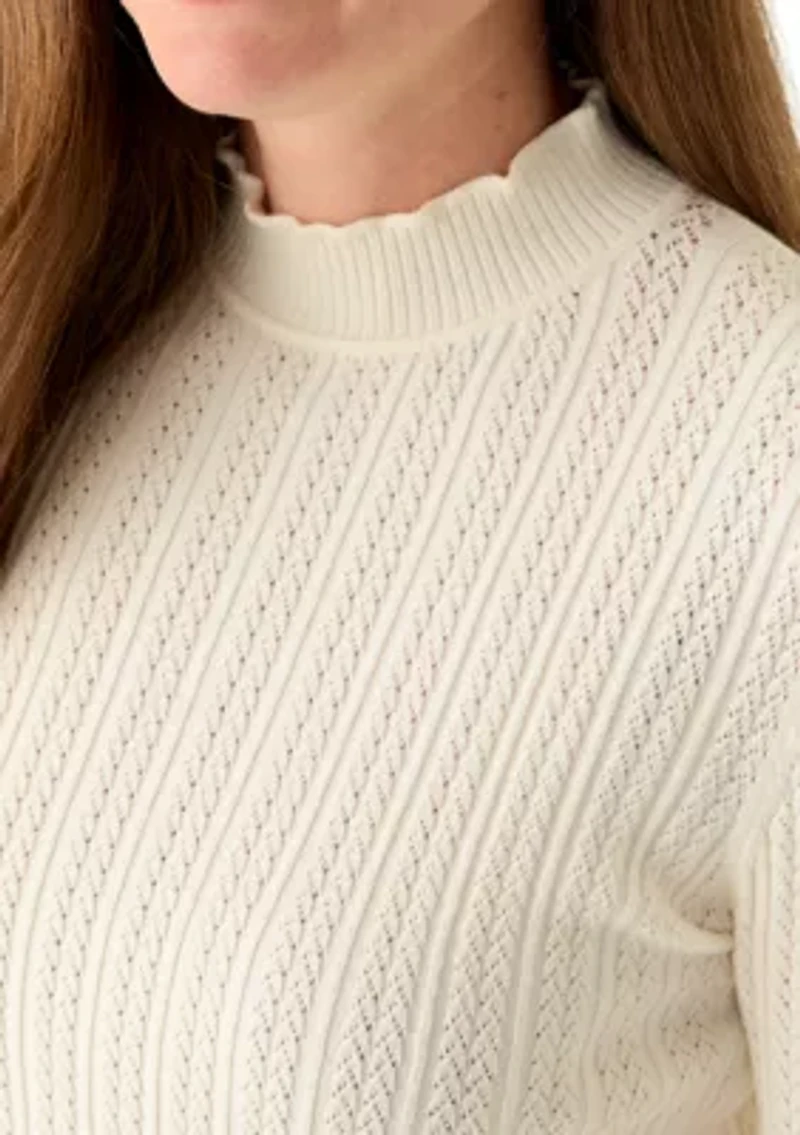 Petite Creamy White Elbow Sleeve Stitch Mock Neck Sweater
