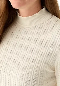 Petite Creamy White Elbow Sleeve Stitch Mock Neck Sweater