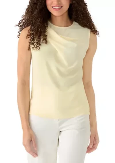 Petite Sleeveless Mixed Media Asymmetric Pleat Top