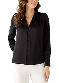 Women's V-Neck Button Front Blouse with Pleated Cuffs