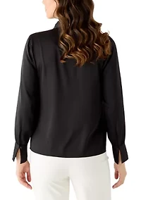 Women's V-Neck Button Front Blouse with Pleated Cuffs
